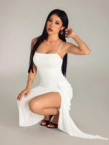 SHEIN PETITE 2026年女款春夏優雅復古黑色百褶荷葉邊不對稱下擺洋裝 - 白色 - 查看 7