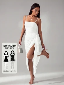 SHEIN PETITE 2026年女款春夏優雅復古黑色百褶荷葉邊不對稱下擺洋裝 - 白色 - 查看 1