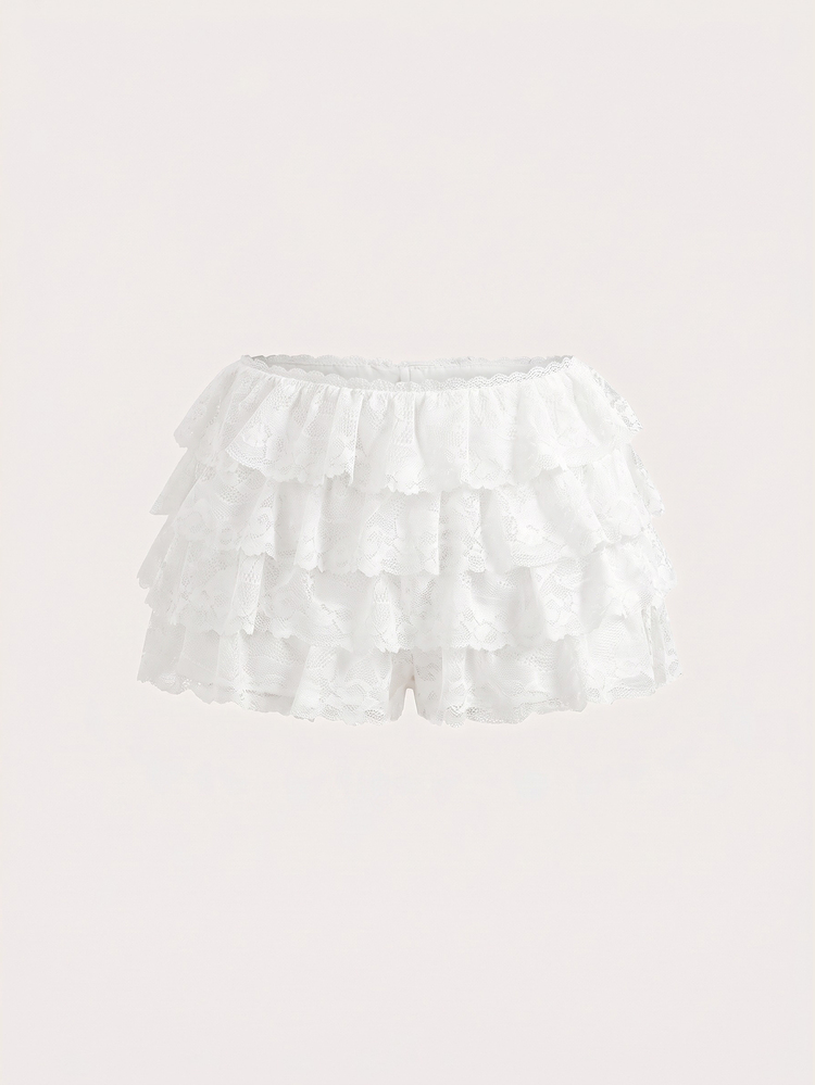 SHEIN ICON Women's Solid Color Multi-Layer Ruffle Fashion Low Waist Skirt Shorts - White - View 5