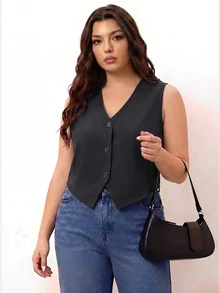 Enliva Plus Size Black Vest Thin Jacket, Women Office Wear Blouse - Dark Grey - View 4