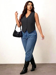 Enliva Plus Size Black Vest Thin Jacket, Women Office Wear Blouse - Dark Grey - View 3
