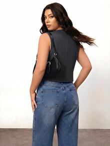 Enliva Plus Size Black Vest Thin Jacket, Women Office Wear Blouse - Dark Grey - View 2