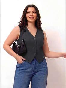 Enliva Plus Size Black Vest Thin Jacket, Women Office Wear Blouse - Dark Grey - View 5