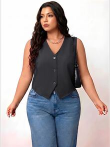 Enliva Plus Size Black Vest Thin Jacket, Women Office Wear Blouse - Dark Grey - View 6