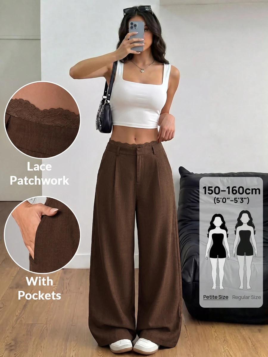 SHEIN PETITE 女款純色腰部蕾絲拼接時尚休閒長褲 - 棕色 - 查看 1