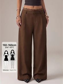 SHEIN PETITE 女款純色腰部蕾絲拼接時尚休閒長褲 - 棕色 - 查看 8