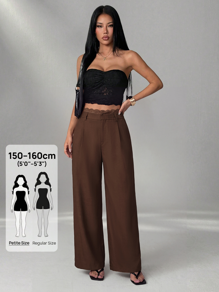 SHEIN PETITE بنطلون طويل كاجوال عصري للنساء بلون موحد مع تفاصيل دانتيل مرقعة عند الخصر - بني - مشاهدة 5