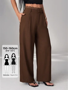 SHEIN PETITE 女款純色腰部蕾絲拼接時尚休閒長褲 - 棕色 - 查看 3