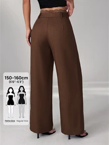 SHEIN PETITE 女款純色腰部蕾絲拼接時尚休閒長褲 - 棕色 - 查看 7