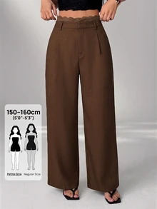 SHEIN PETITE 女款純色腰部蕾絲拼接時尚休閒長褲 - 棕色 - 查看 2