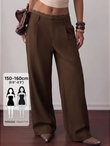 SHEIN PETITE 女款純色腰部蕾絲拼接時尚休閒長褲 - 棕色 - 查看 6