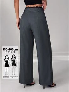 SHEIN PETITE Women's Korean Style Lace Patchwork Pleated Pocket Long Pants - Grey - View 7