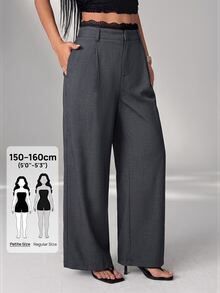 SHEIN PETITE Women's Korean Style Lace Patchwork Pleated Pocket Long Pants - Grey - View 3