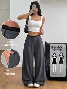 SHEIN PETITE Women's Korean Style Lace Patchwork Pleated Pocket Long Pants - Grey - View 1