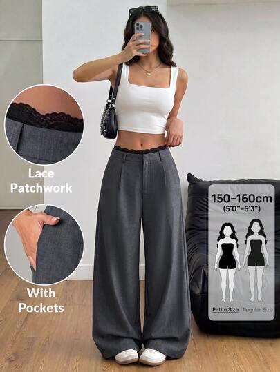 SHEIN PETITE Women's Korean Style Lace Patchwork Pleated Pocket Long Pants