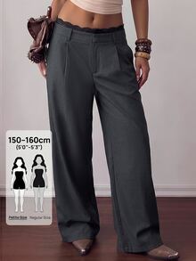 SHEIN PETITE Women's Korean Style Lace Patchwork Pleated Pocket Long Pants - Grey - View 6