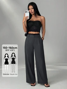 SHEIN PETITE Women's Korean Style Lace Patchwork Pleated Pocket Long Pants - Grey - View 4