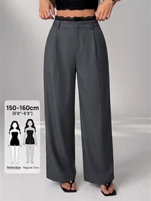 SHEIN PETITE Women's Korean Style Lace Patchwork Pleated Pocket Long Pants - Grey - View 2