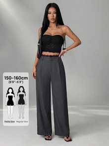 SHEIN PETITE Women's Korean Style Lace Patchwork Pleated Pocket Long Pants - Grey - View 5