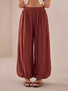 SHEIN PETITE 2026女款春夏度假系列：優雅橄欖綠寬鬆喇叭褲 - 棕色 - 查看 5