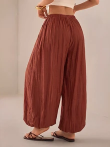 SHEIN PETITE 2026女款春夏度假系列：優雅橄欖綠寬鬆喇叭褲 - 棕色 - 查看 2