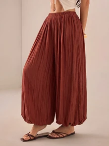SHEIN PETITE 2026女款春夏度假系列：優雅橄欖綠寬鬆喇叭褲 - 棕色 - 查看 3