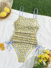 Swim Mod Women's One-Piece Swimsuit,Yellow Summer Cute Beach Vacation Holiday,Floral&Plaid Print Retro Sweet Slim Fit Open Back Side Drawstring Bathing Suit - Multicolor - View 7