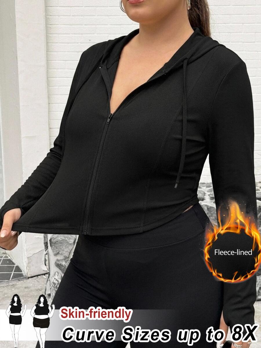SHEIN CURVE+ Plus Size Women's Street Style Casual Baggy Fashion PU Leather Warm Lined Zipper Jacket Autumn Work Club Black - Black - View 1