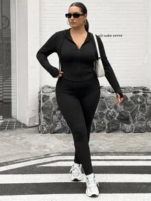 SHEIN CURVE+ Plus Size Women's Street Style Casual Baggy Fashion PU Leather Warm Lined Zipper Jacket Autumn Work Club Black - Black - View 3