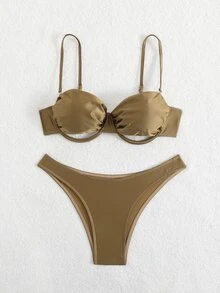 SHEIN Swim 全新细肩带交叉后背性感绿色闪光女士泳衣套装 - 棕色 - 查看 5