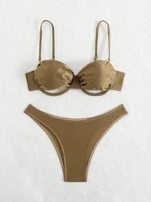 SHEIN Swim 全新细肩带交叉后背性感绿色闪光女士泳衣套装 - 棕色 - 查看 6