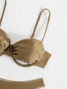 SHEIN Swim 全新细肩带交叉后背性感绿色闪光女士泳衣套装 - 棕色 - 查看 4