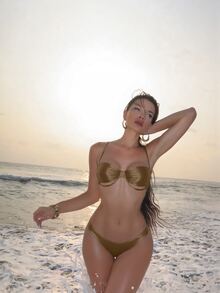 SHEIN Swim 全新细肩带交叉后背性感绿色闪光女士泳衣套装 - 棕色 - 查看 1