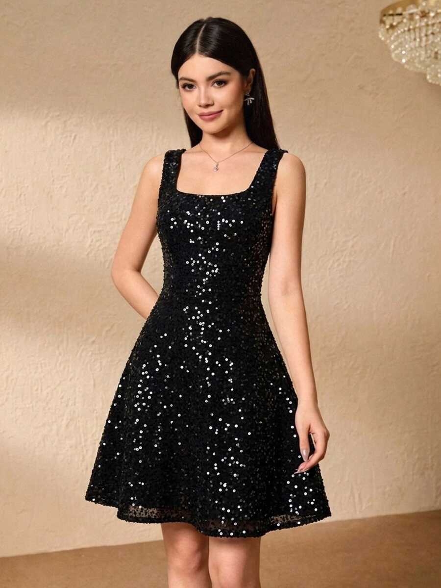 SHEIN 青少年黑色亮片连衣裙,圣诞节 - 黑色 - 查看 1