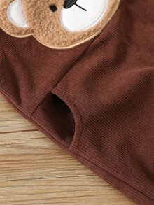 SHEIN بدلة أفرول للأطفال الصغار والأولاد الرضع من الكوردروي بنقشة دب كرتوني لطيف، متعددة الاستخدامات ومريحة، مناسبة للربيع والخريف والشتاء - بني - مشاهدة 3