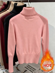 Franclia European And American Autumn/Winter Fashion All-Match Versatile High Neck Thickened Fleece Lined Slim Fit Long Sleeve Knit Base Layer Top - Baby Pink - View 3