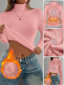 Franclia European And American Autumn/Winter Fashion All-Match Versatile High Neck Thickened Fleece Lined Slim Fit Long Sleeve Knit Base Layer Top - Baby Pink - View 4