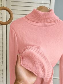 Franclia European And American Autumn/Winter Fashion All-Match Versatile High Neck Thickened Fleece Lined Slim Fit Long Sleeve Knit Base Layer Top - Baby Pink - View 8