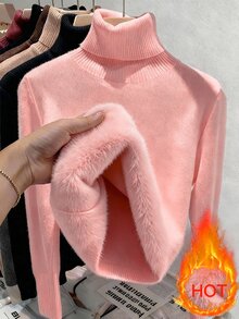 Franclia European And American Autumn/Winter Fashion All-Match Versatile High Neck Thickened Fleece Lined Slim Fit Long Sleeve Knit Base Layer Top - Baby Pink - View 2