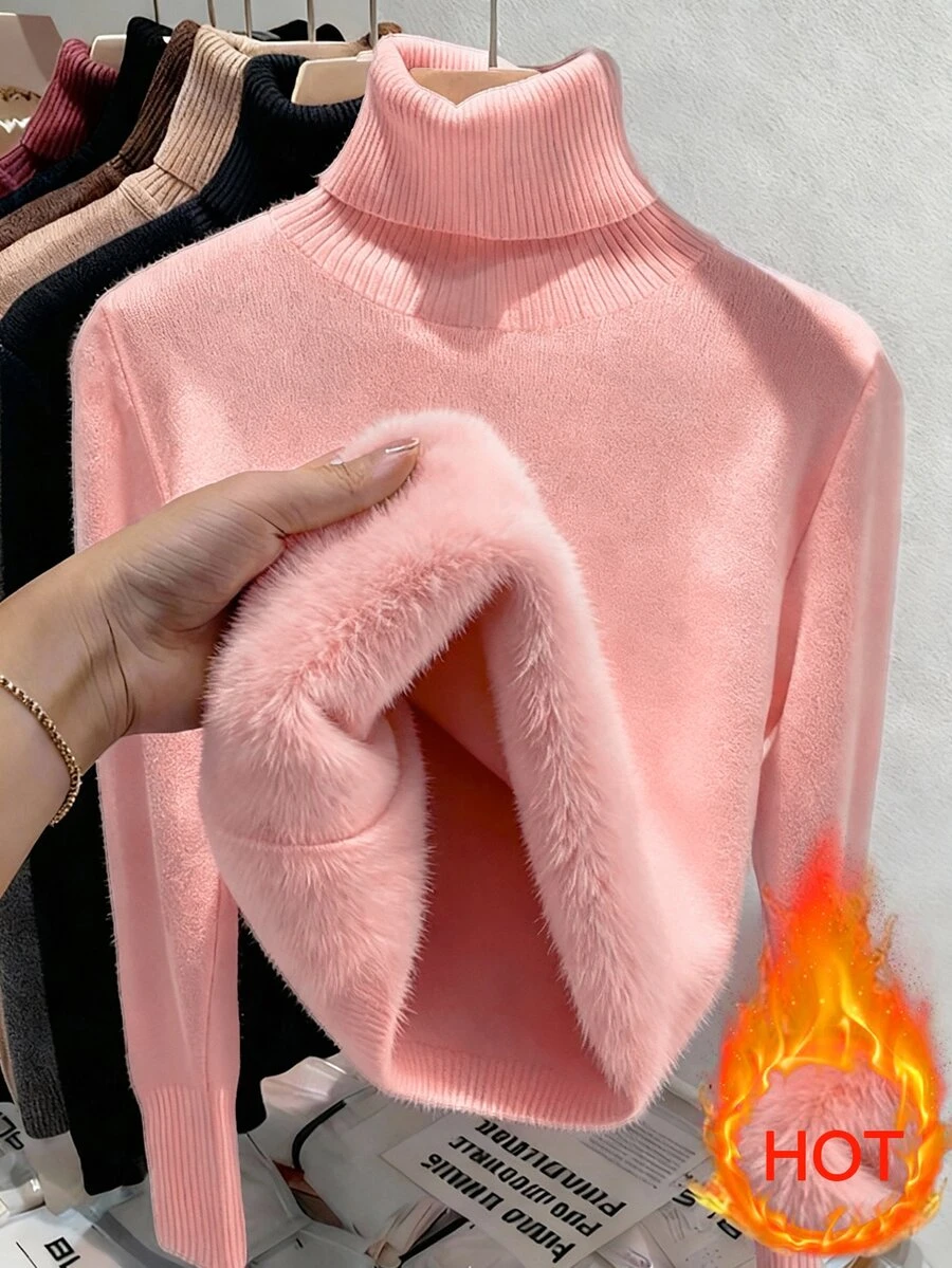 Franclia European And American Autumn/Winter Fashion All-Match Versatile High Neck Thickened Fleece Lined Slim Fit Long Sleeve Knit Base Layer Top
