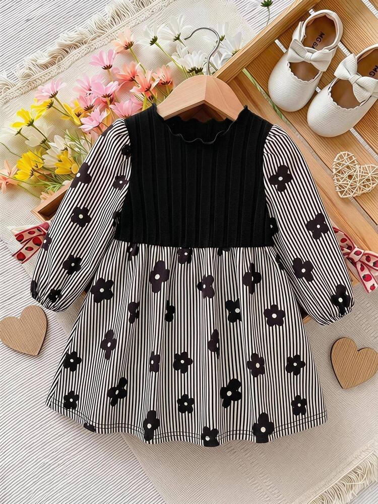 SHEIN Baby Girl Baby Girl Floral Print Lantern Sleeve Ruffle Hem Dress, French Floral, Fairy Dress, Pastoral Style, Autumn/Winter - Multicolor - View 1