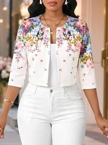 SHEIN Lady Jaket Wanita Ukuran Besar Motif Bunga Depan Terbuka Lengan 3/4 untuk Acara Minum Teh Sore Formal Musim Gugur Pagi Hari Serba Putih Elegan Kasual untuk Acara Minum Teh Sore Formal Pagi Hari - MultiWarna - View 5