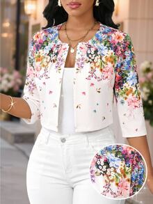 SHEIN Lady Jaket Wanita Ukuran Besar Motif Bunga Depan Terbuka Lengan 3/4 untuk Acara Minum Teh Sore Formal Musim Gugur Pagi Hari Serba Putih Elegan Kasual untuk Acara Minum Teh Sore Formal Pagi Hari - MultiWarna - View 1