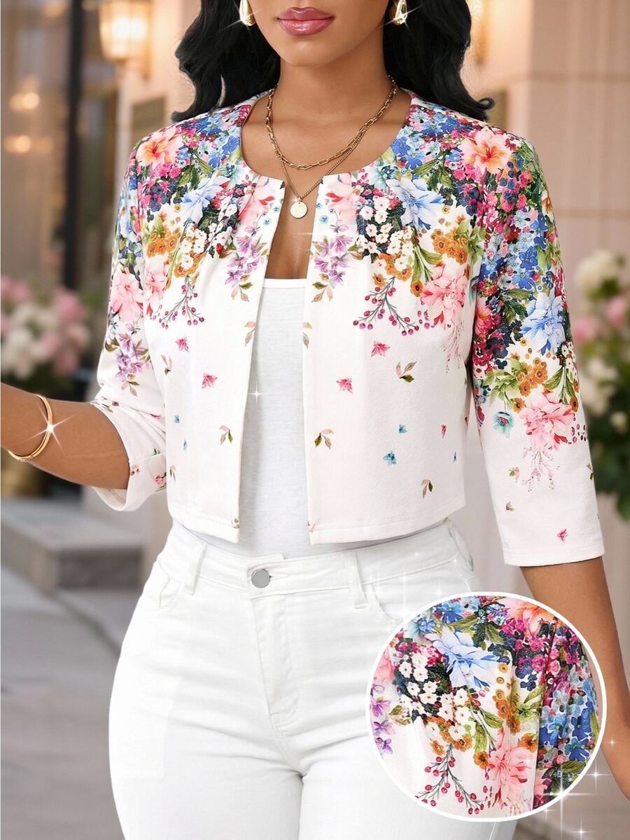 SHEIN Lady Jaket Wanita Ukuran Besar Motif Bunga Depan Terbuka Lengan 3/4 untuk Acara Minum Teh Sore Formal Musim Gugur Pagi Hari Serba Putih Elegan Kasual untuk Acara Minum Teh Sore Formal Pagi Hari - MultiWarna - View 1