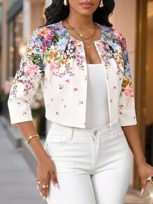 SHEIN Lady Jaket Wanita Ukuran Besar Motif Bunga Depan Terbuka Lengan 3/4 untuk Acara Minum Teh Sore Formal Musim Gugur Pagi Hari Serba Putih Elegan Kasual untuk Acara Minum Teh Sore Formal Pagi Hari - MultiWarna - View 4