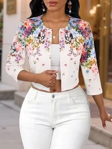 SHEIN Lady Jaket Wanita Ukuran Besar Motif Bunga Depan Terbuka Lengan 3/4 untuk Acara Minum Teh Sore Formal Musim Gugur Pagi Hari Serba Putih Elegan Kasual untuk Acara Minum Teh Sore Formal Pagi Hari - MultiWarna - View 3