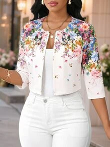 SHEIN Lady Jaket Wanita Ukuran Besar Motif Bunga Depan Terbuka Lengan 3/4 untuk Acara Minum Teh Sore Formal Musim Gugur Pagi Hari Serba Putih Elegan Kasual untuk Acara Minum Teh Sore Formal Pagi Hari - MultiWarna - View 7