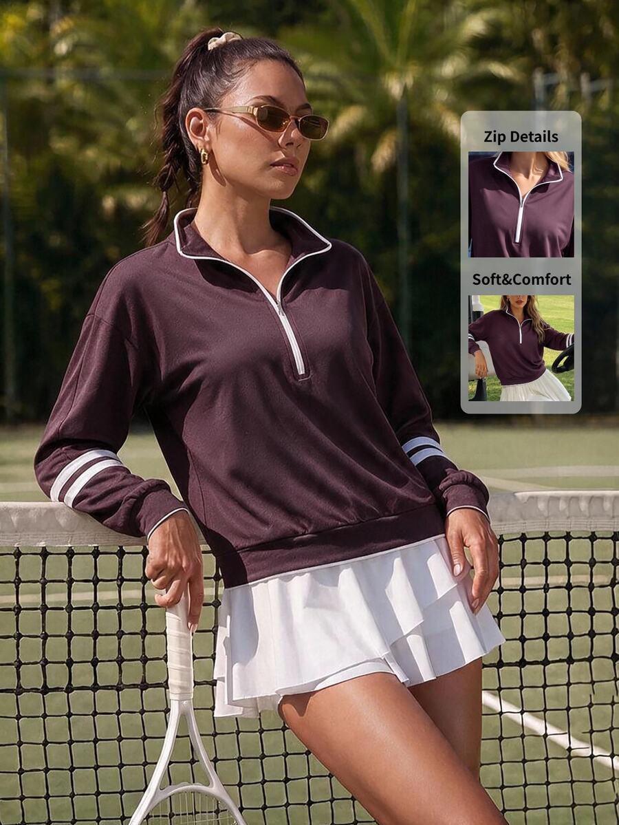 CourtClass Women's Striped Zipper Design Long Sleeve Sports Sweatshirt - Brown - View 1