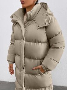 EURMUSE Keep Warm Feature, Maxi Lenght, Side Popper Detailed Puffer Winter Coat - Dark Grey - View 5
