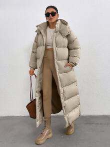 EURMUSE Keep Warm Feature, Maxi Lenght, Side Popper Detailed Puffer Winter Coat - Dark Grey - View 3
